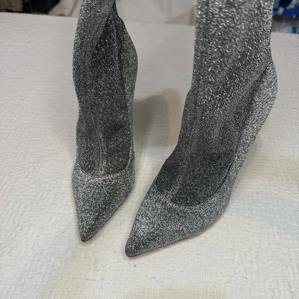 $258 SCHUTZ Silver Metallic Stretch Heeled Ankle Booties 9.5 NWT